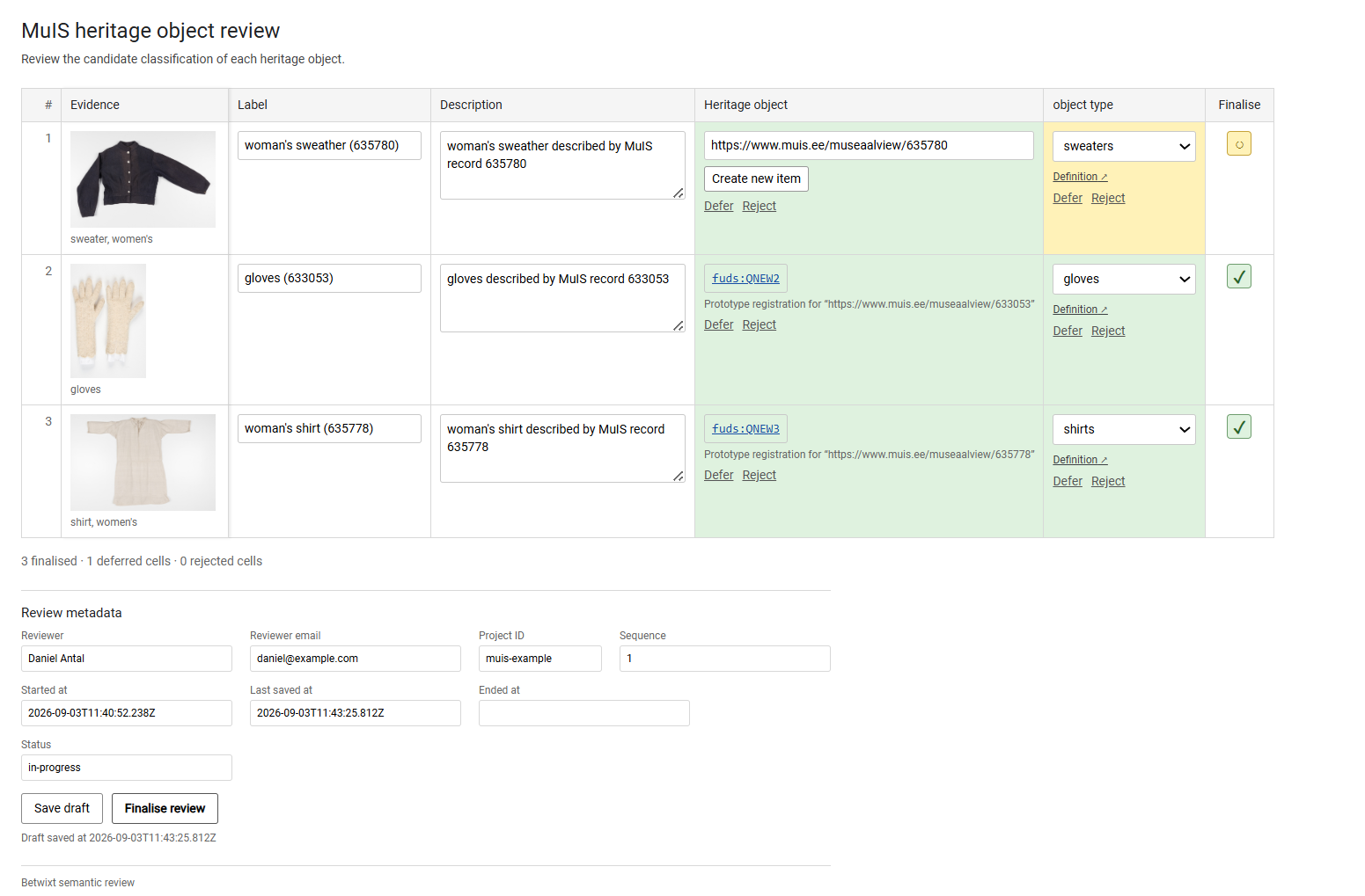 The screenshot shows a saved draft of the second review. New labels and descriptions were established. The first assertion is deferred for later, second review, and the second and third ones are ready for further use or serialisation.